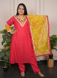 Red and yellow soft chanderi heavy dress