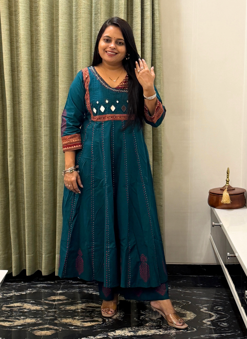 Rama green mirror work anarkali kurti set