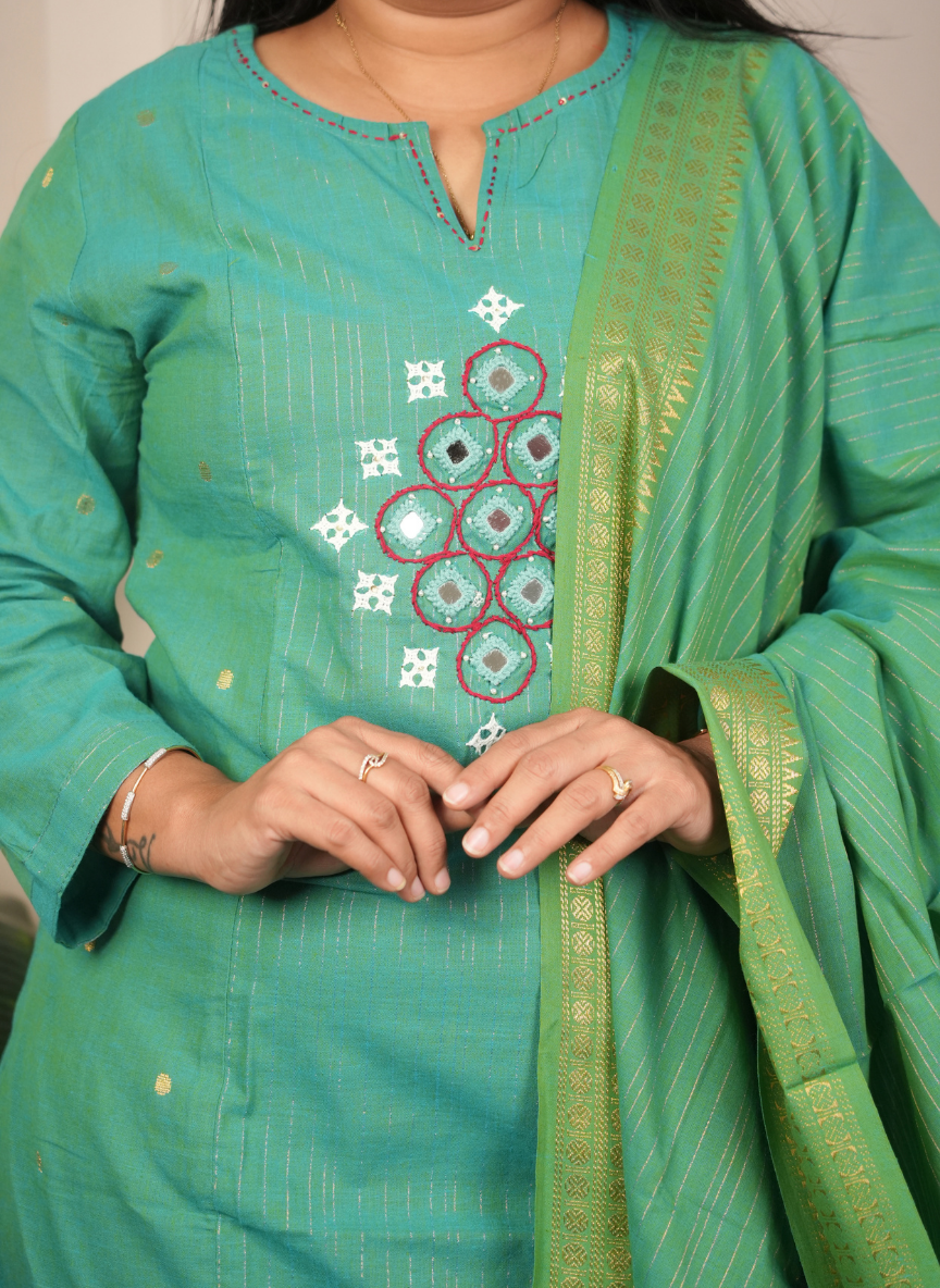 Handloom cotton peacock green with handwork detailing dress