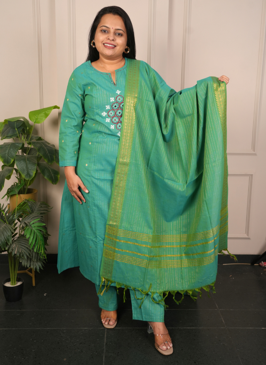 Handloom cotton peacock green with handwork detailing dress
