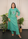 Handloom cotton peacock green with handwork detailing dress