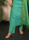 Handloom cotton peacock green with handwork detailing dress