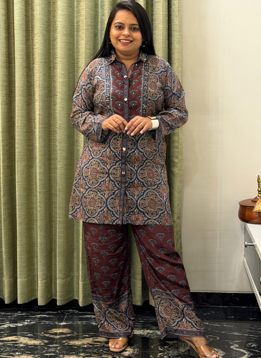 Maroon & Navy Blue Aajrakh print crape silk co-ord set