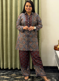 Maroon & Navy Blue Aajrakh print crape silk co-ord set