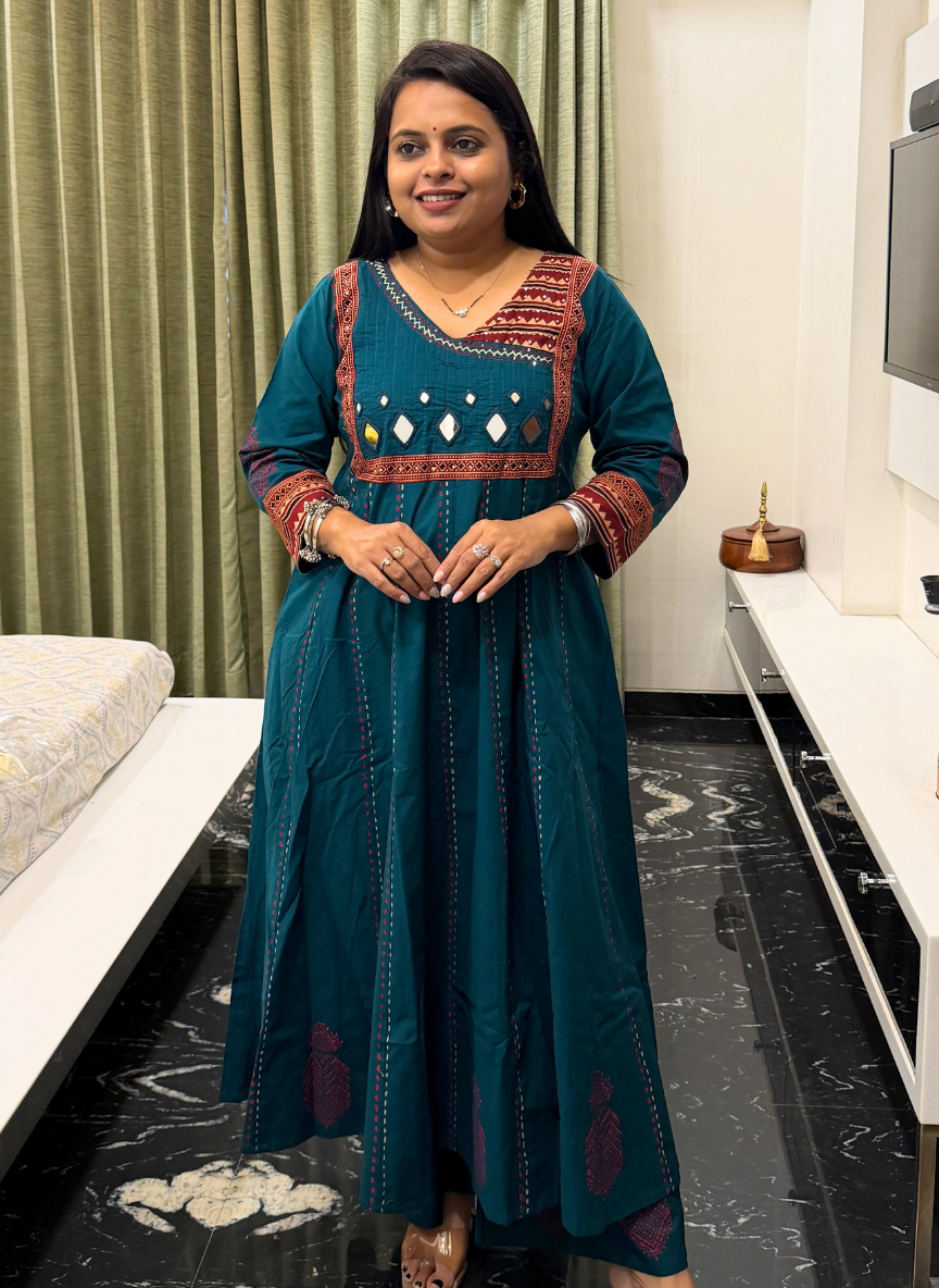 Rama green mirror work anarkali kurti set