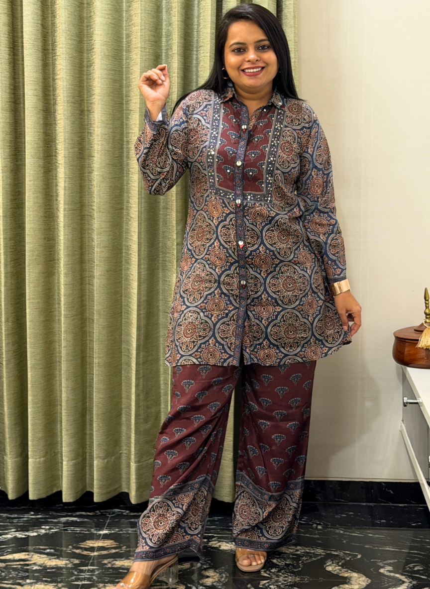 Maroon & Navy Blue Aajrakh print crape silk co-ord set