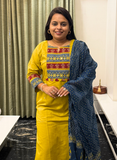 Yellow cotton dress with blue duppata