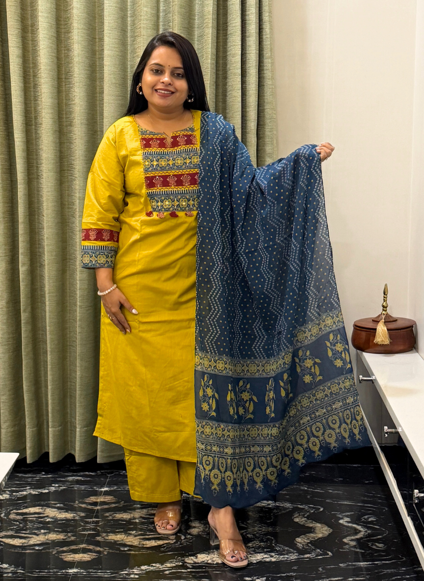 Yellow cotton dress with blue duppata