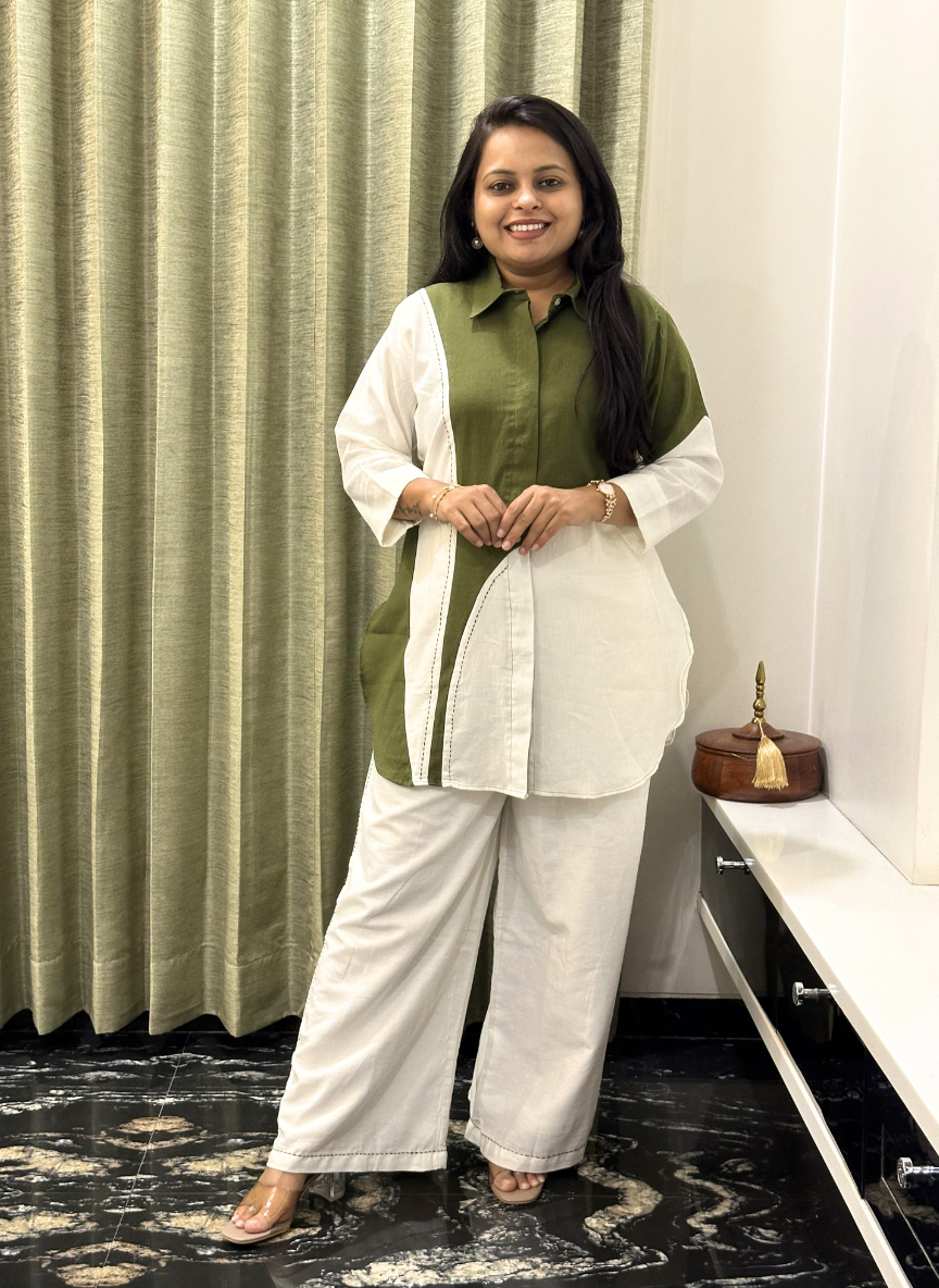 Green and Offwhite Cotton Katha Coord set