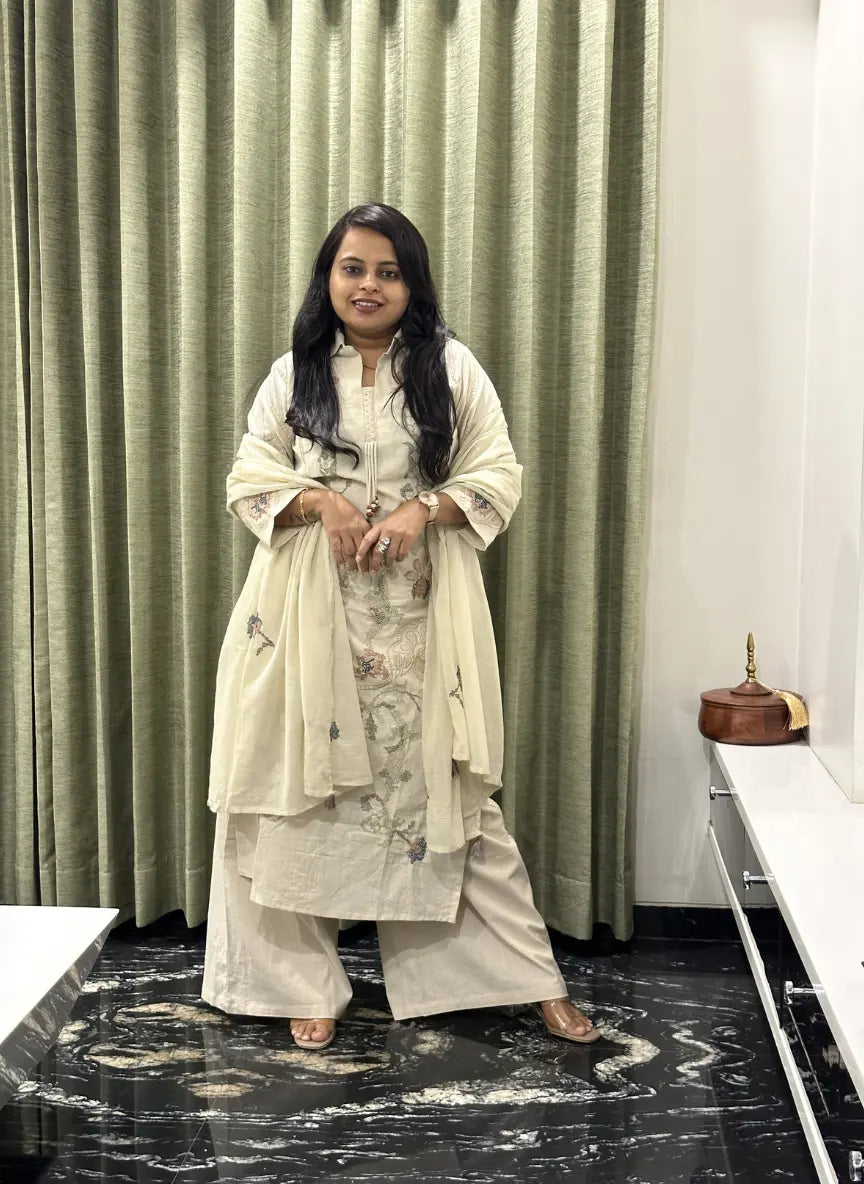 Beige Cotton Dress With Floral Thread Work & Palazzo