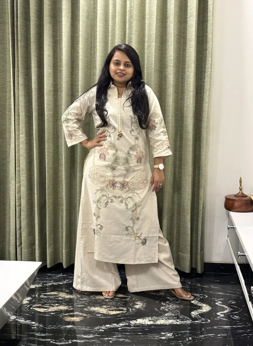 Beige Cotton Dress With Floral Thread Work & Palazzo