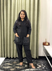 Black Cotton Co-ord Set With Back Work & Statement Pocket Design