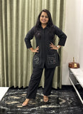 Black Cotton Co-ord Set With Back Work & Statement Pocket Design