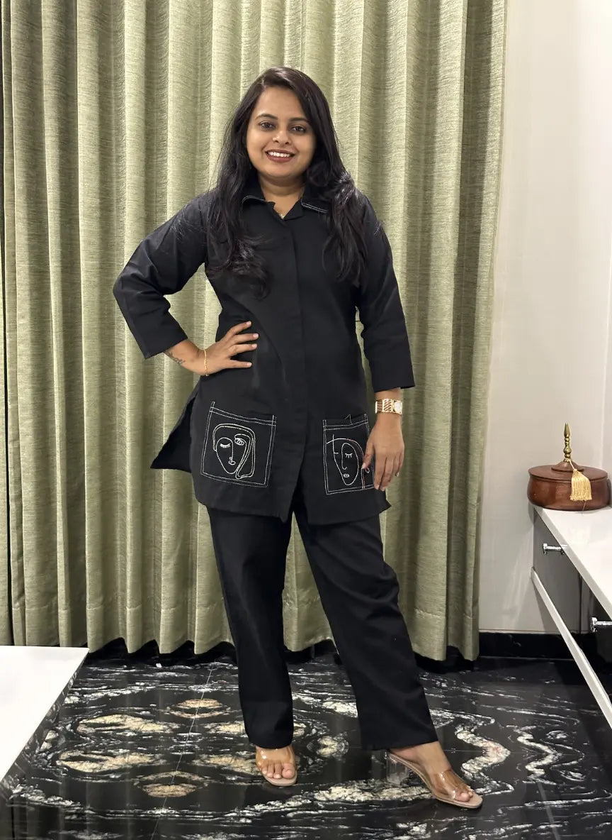 Black Cotton Co-ord Set With Back Work & Statement Pocket Design