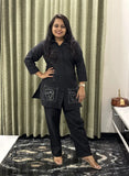 Black Cotton Co-ord Set With Back Work & Statement Pocket Design
