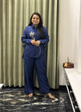 Blue Silk Co-ord Set with Side Tie-Up & Statement Embroidery