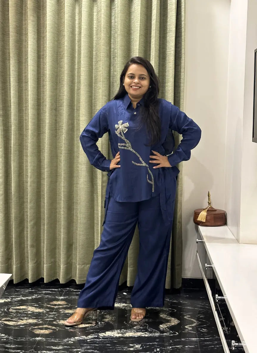 Blue Silk Co-ord Set with Side Tie-Up & Statement Embroidery