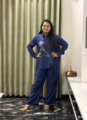 Blue Silk Co-ord Set with Side Tie-Up & Statement Embroidery