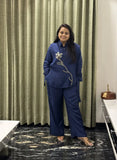 Blue Silk Co-ord Set with Side Tie-Up & Statement Embroidery