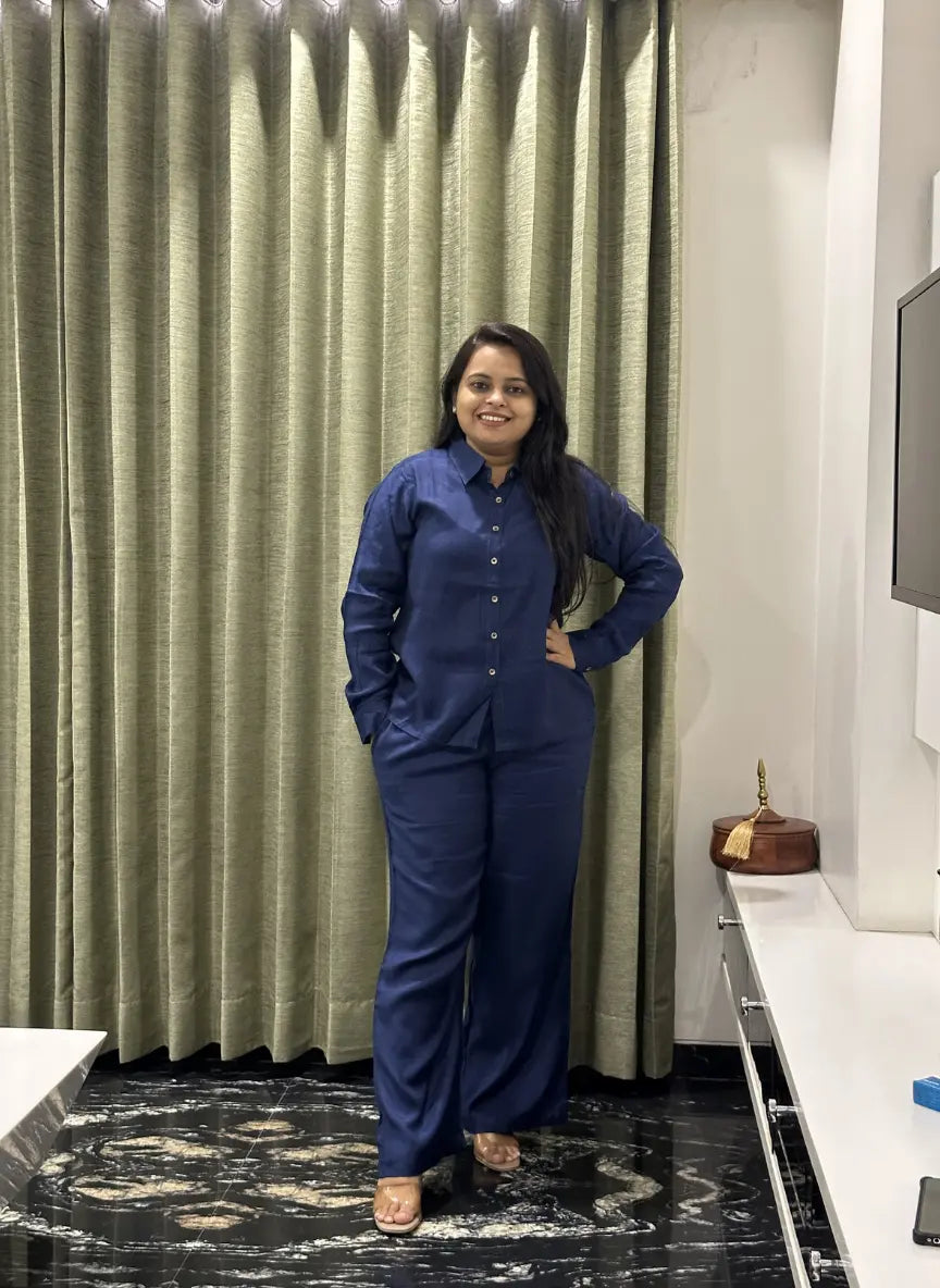 Blue Silk Co-ord Set with Side Tie-Up & Statement Embroidery