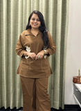 Brown Cotton Co-ord Set with Floral Embroidery & Pocket