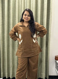 Brown Cotton Co-ord Set with Floral Embroidery & Pocket