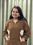 Brown Cotton Co-ord Set with Floral Embroidery & Pocket