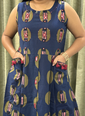 Blue Block Print with Hand-mirror work Cotton Kurti Set