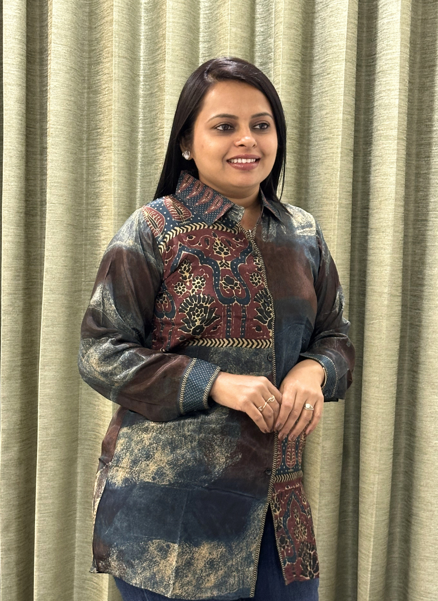 Grey Ajrakh aura crepe silk shirt