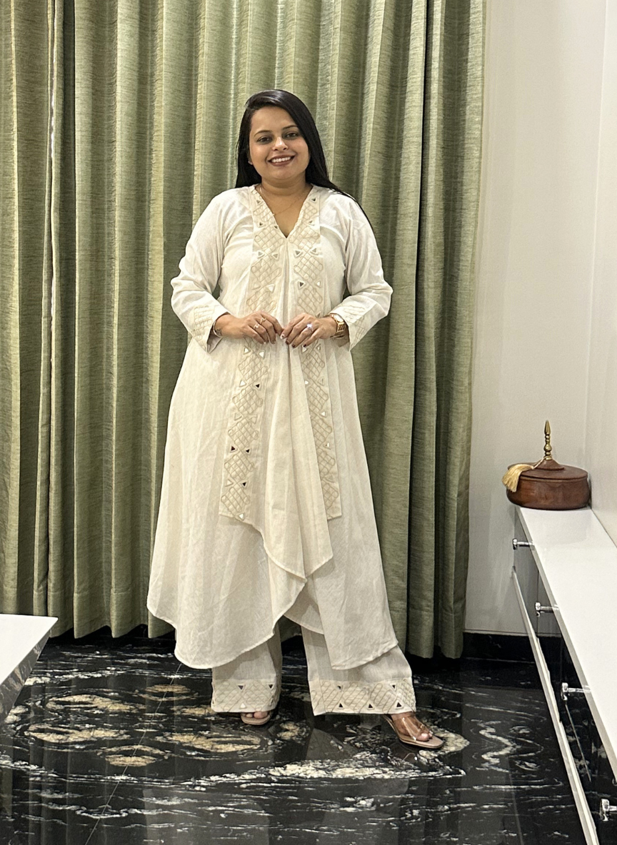 Off white Pure Khadi Premium Kurti Set with Hand-mirror work