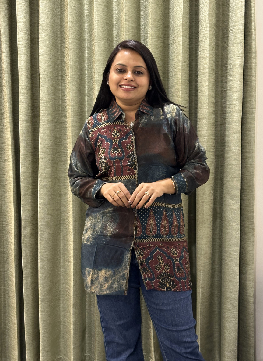 Grey Ajrakh aura crepe silk shirt