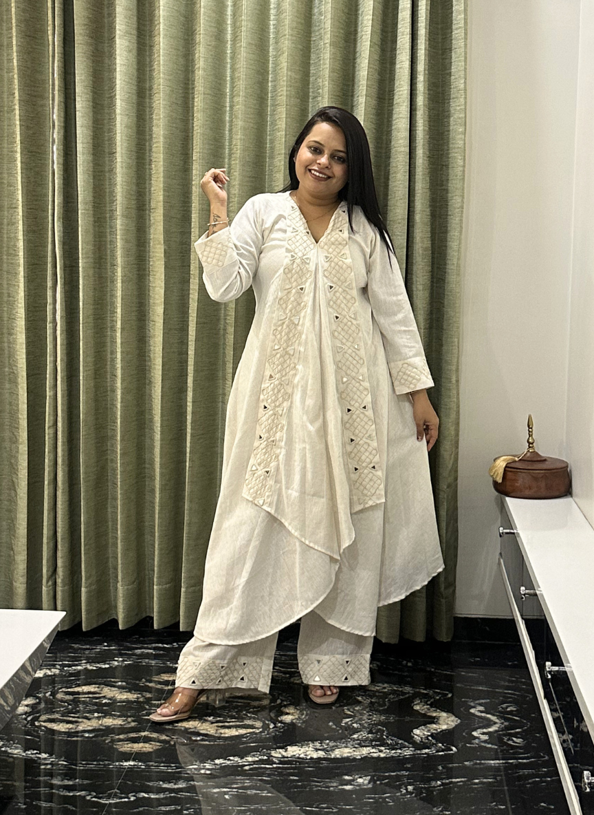 Off white Pure Khadi Premium Kurti Set with Hand-mirror work