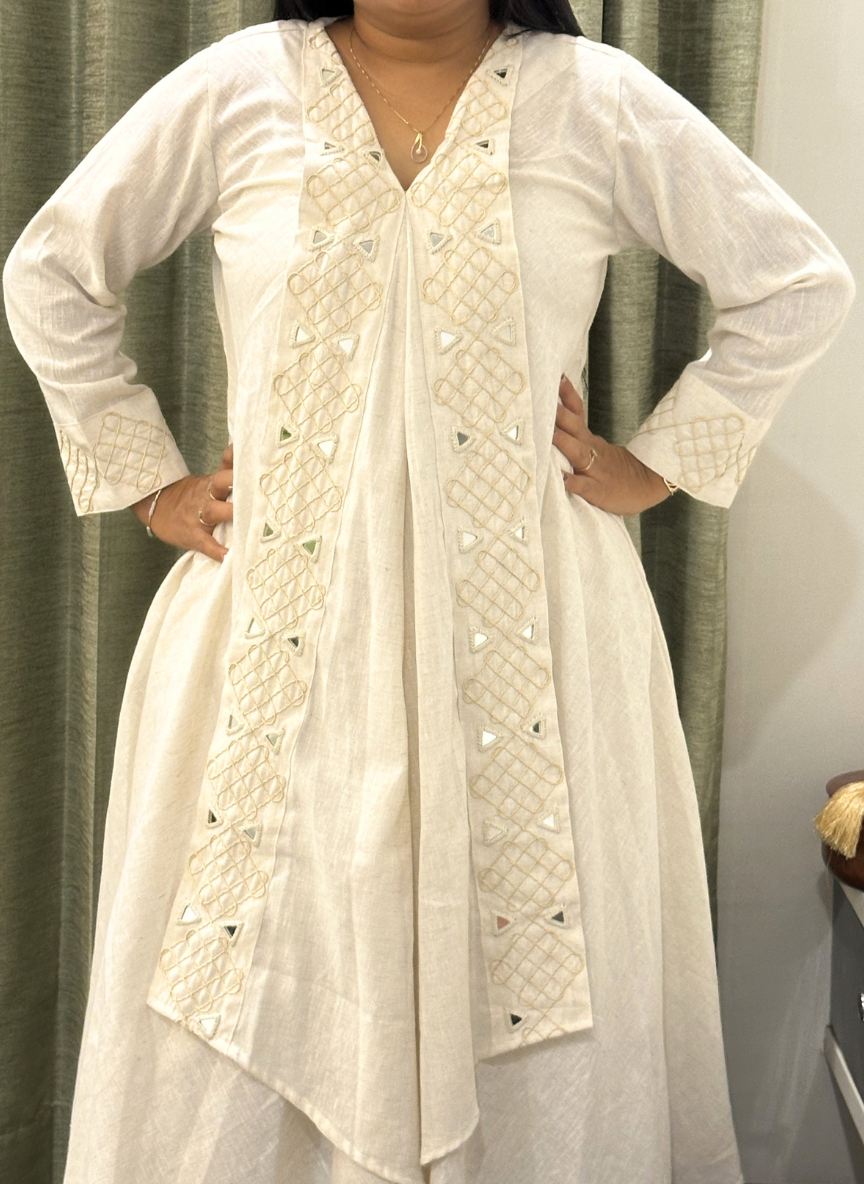 Off white Pure Khadi Premium Kurti Set with Hand-mirror work