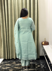 Mint blue embroidered chanderi silk dress with dupatta