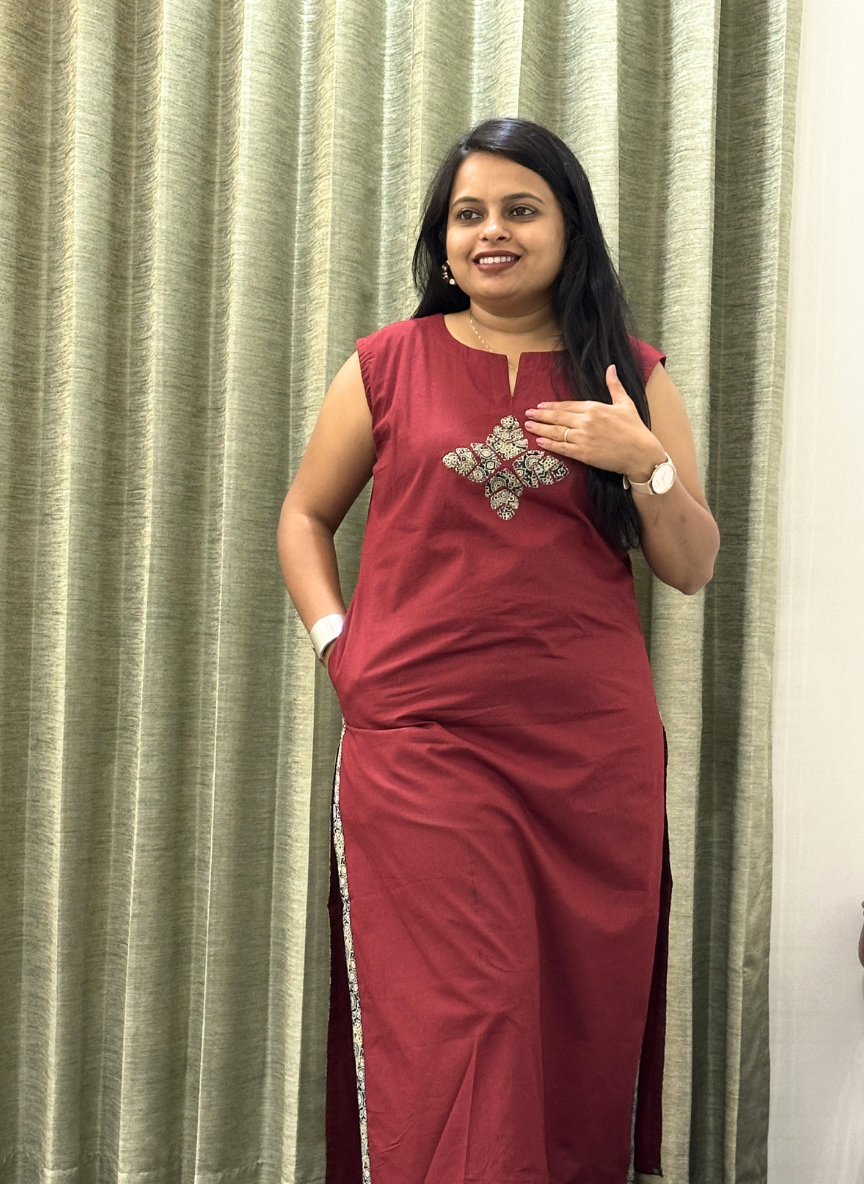 Maroon Cotton 2-Piece Kurti Set for Women