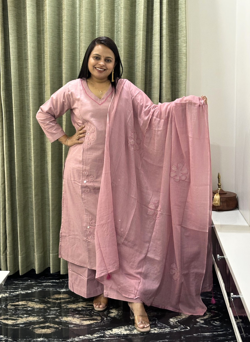 Baby pink V-neck Patch work pure cotton dress with pure mulcotton dupatta