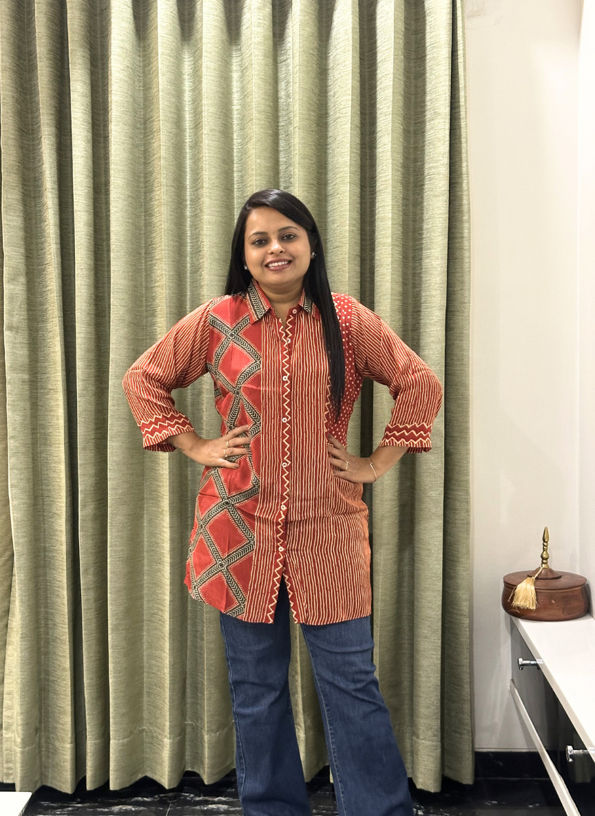 Red Ajrakh print crepe silk premium shirt