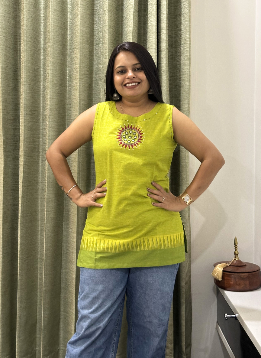 Parrot Green South Cotton Handworked Short Top