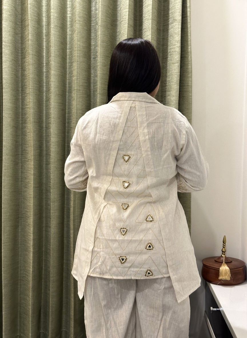 Off white Pure Khadi trending coord set with Hand-mirror work