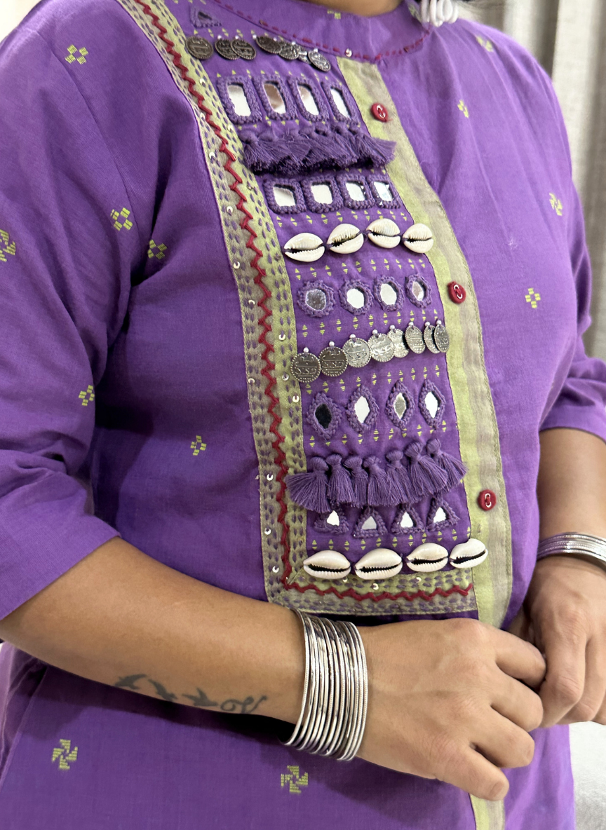 Jamdani Cotton Purple Mirror Worked Handcrafted Kurta with Straight Pants