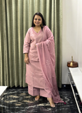Baby pink V-neck Patch work pure cotton dress with pure mulcotton dupatta