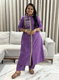 Jamdani Cotton Purple Mirror Worked Handcrafted Kurta with Straight Pants