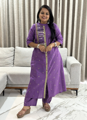 Jamdani Cotton Purple Mirror Worked Handcrafted Kurta with Straight Pants