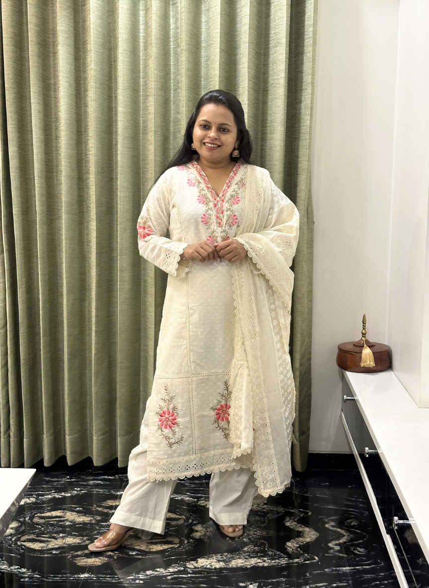 Off White Cotton Chikankari Dress