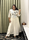 Creme Chanderi Embroidery with Applique round neck 3 piece set with jacket