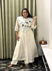 Creme Chanderi Embroidery with Applique round neck 3 piece set with jacket