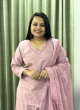 Baby pink V-neck Patch work pure cotton dress with pure mulcotton dupatta