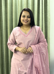 Baby pink V-neck Patch work pure cotton dress with pure mulcotton dupatta