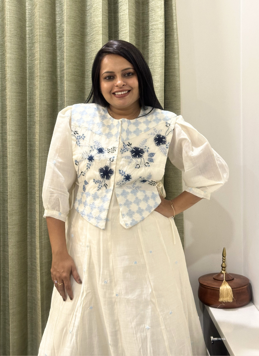 Creme Chanderi Embroidery with Applique round neck 3 piece set with jacket