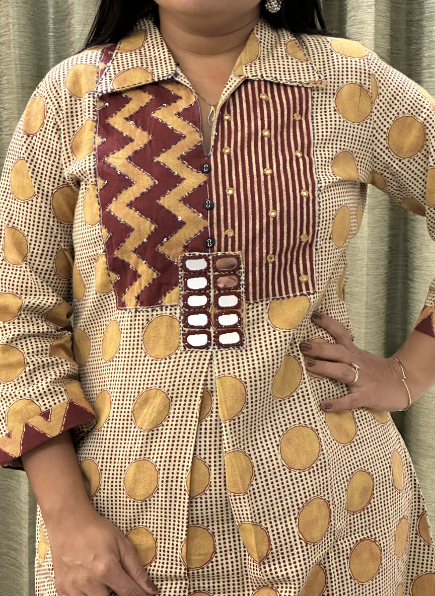 Biege and Maroon Hand-mirror work cotton kurti set